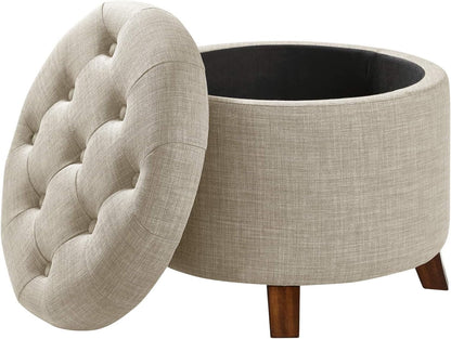 round Storage Ottoman Foot Rest, Button Tufted Upholstered Footstool with Storage, Sturdy Linen Fabric for Living Room and Bedroom, 20" X 17", Beige
