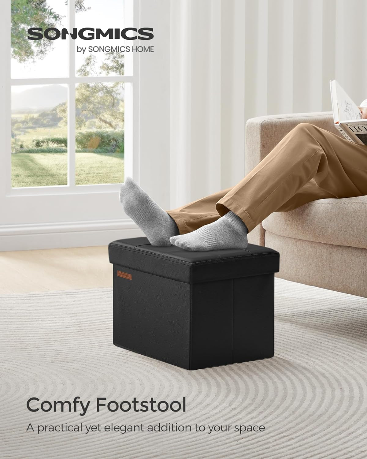 Small Folding Storage Ottoman, Foot Rest Stool, Cube Footrest, Synthetic Leather, 12.2 X 16.1 X 12.2 Inches, 286 Lb Capacity, for Living Room, Bedroom, Dorm, Ink Black ULSF100B01