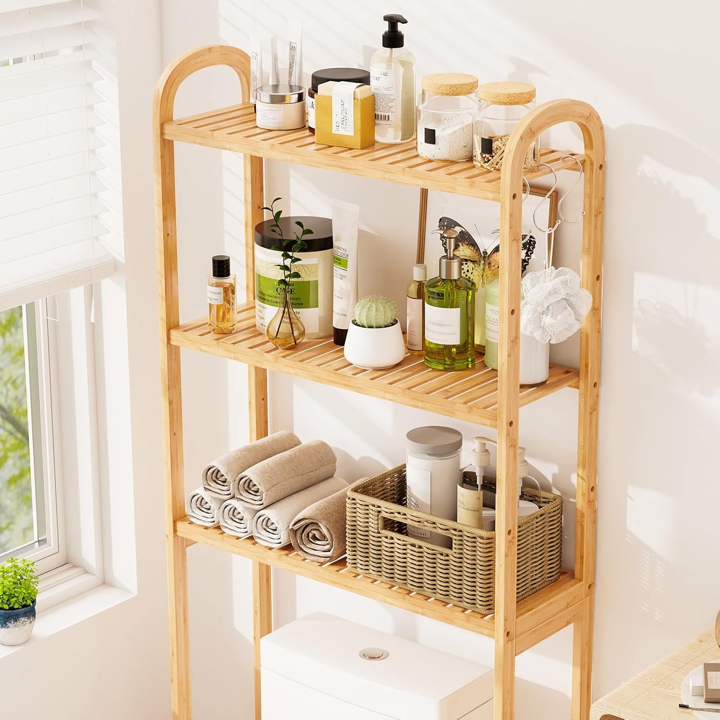 over the Toilet Storage Cabinet, 3-Tier Bamboo Bathroom Shelves over Toilet W/3 Hooks, Adjustable Shelves & Waterproof Feet Pad, over Toilet Bathroom Organizer for Laundry, Balcony, Restroom