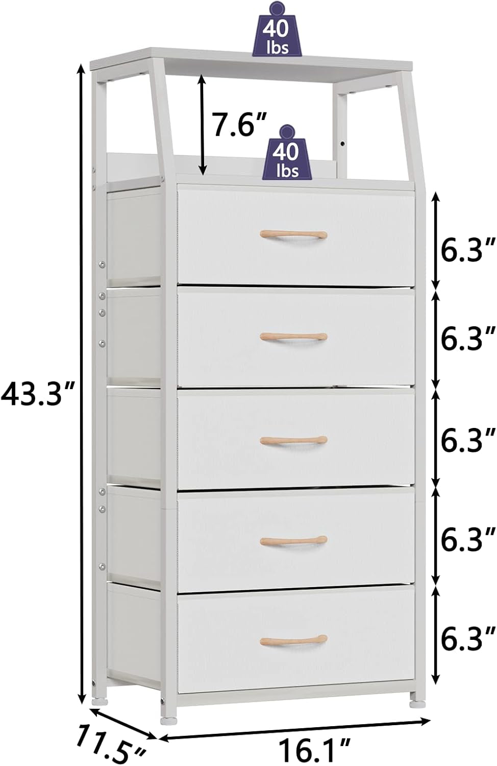 White Dresser with 5 Drawers, Vertical Storage Tower Fabric Dresser for Bedroom, Hallway, Entryway, Nursery, Closet Organizer, Nightstand Bedside Table Furniture, Sturdy Steel Frame, Wood Top