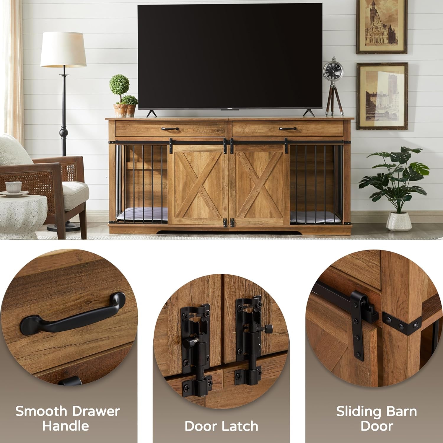 37.8" Furniture Style Dog Crates with Drawer, Farmhouse Wooden Dog Kennel Furniture with Sliding Barn Door & Water Resistant for Small/Medium/Large Dog, Rustic Oak