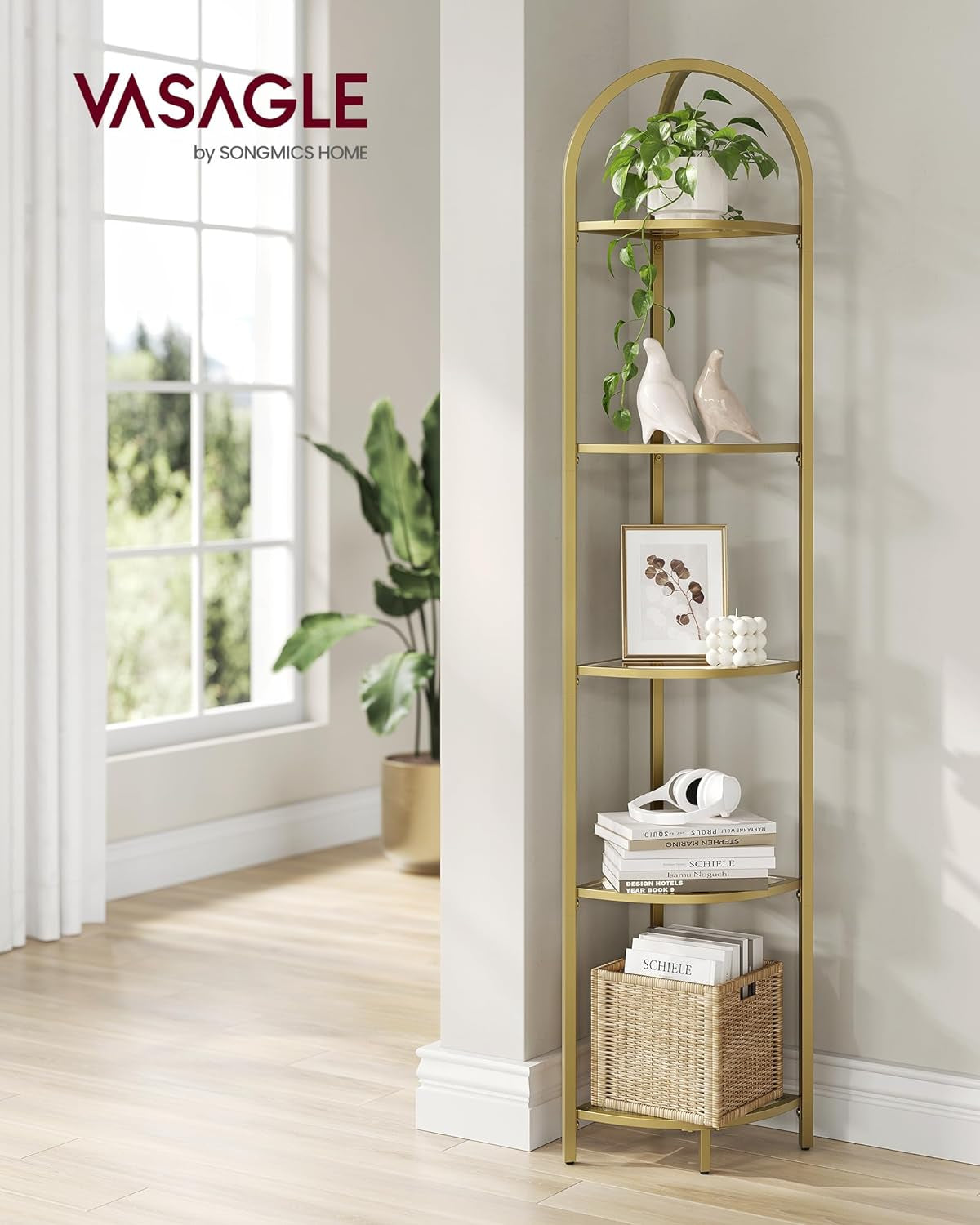 5-Tier Corner Shelf Stand, Corner Bookshelf, Bathroom Organizer, Plant Stand, Tempered Glass, Steel Frame, Modern Style, for Living Room, Bathroom, Kitchen, Metallic Gold ULGT810A01