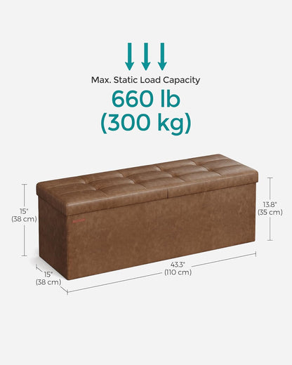 MAZIE Collection - 43 Inches Storage Ottoman Bench with Flipping Lid, Storage Chest with Iron Frame Support, Load 660 Lb, for Living Room, Bedroom, Synthetic Leather, Coffee Brown ULSF075K01