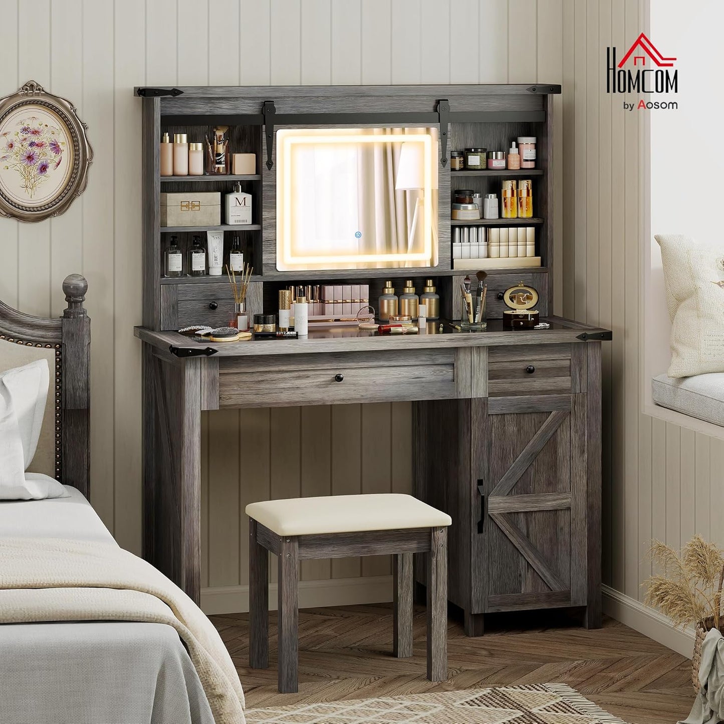 Farmhouse Vanity Desk with Mirror, LED Lights Makeup Vanity Table with 42 Inch Glass Tabletop, Cushioned Stool, Drawers & Shelves & Cabinet, Rustic Dressing Table Set for Bedroom, Gray