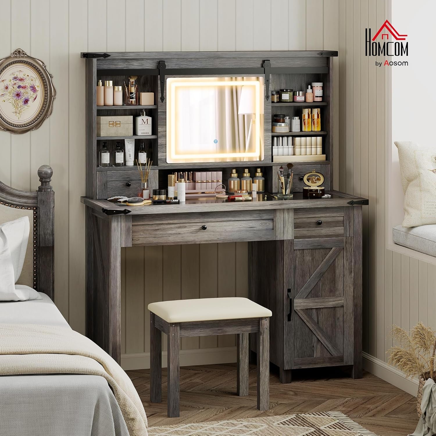 Farmhouse Vanity Desk with Mirror, LED Lights Makeup Vanity Table with 42 Inch Glass Tabletop, Cushioned Stool, Drawers & Shelves & Cabinet, Rustic Dressing Table Set for Bedroom, Gray