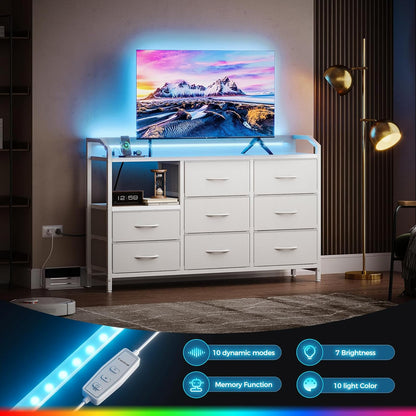 White Dresser for Bedroom with Light Strip & Power Outlet — 8 Drawers Dressers & Chest of Drawers with Shelf, Wood Top, Metal Frame, Wide Dressers for Girls Bedroom, Living Room, Hallway, Closet