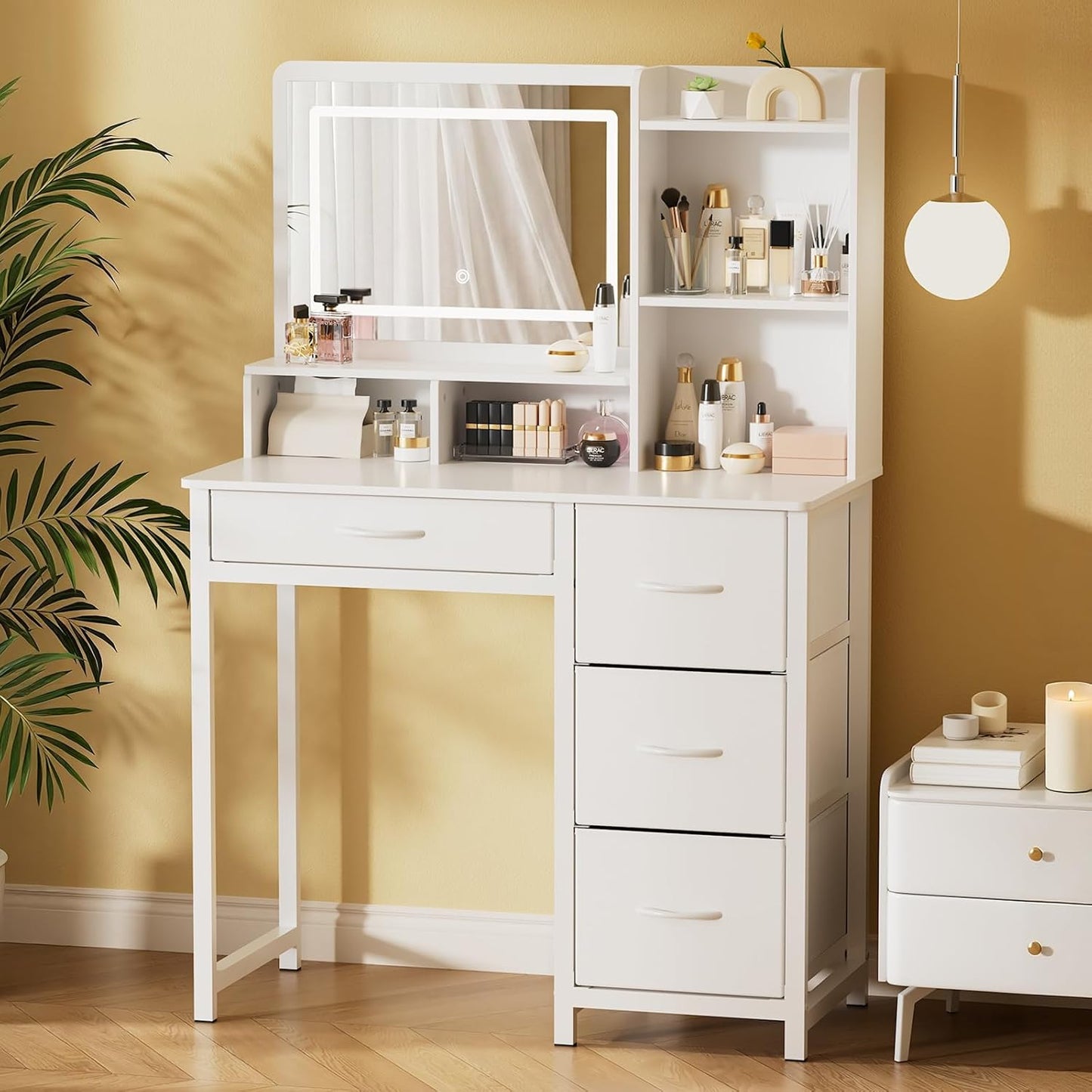 Vanity Desk with Mirror and Lights - Large Capacity Makeup Vanity with 4 Fabric Storage Drawers & 3 Lighting Modes, Vanity Table Set with Sturdy Metal Frame for Bedroom, White, 35" X 17" X 52"