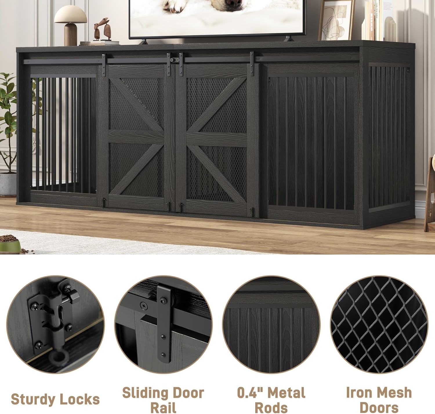 87In Farmhouse Dog Crate TV Stand, Wooden Dog Kennel Furniture with Sliding Metal Mesh Barn Door, Large Dog Crate Furniture for 2 Dogs, Solid Metal Tube & 2 Lockable Doors, Black