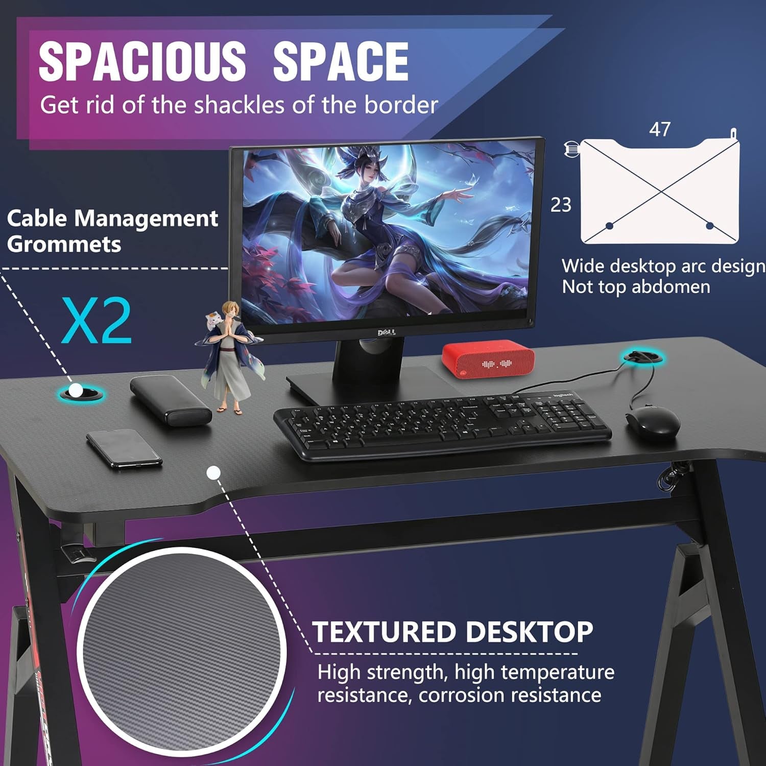 Gaming Desk 47 Inch, Ergonomic Gamer Computer Desk with Mouse Pad, K Shaped PC Gaming Tables with Cup Holder Headphone Hook,Red