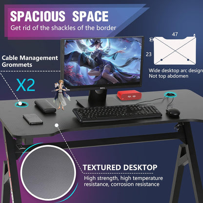 Gaming Desk 47 Inch, Ergonomic Gamer Computer Desk with Mouse Pad, K Shaped PC Gaming Tables with Cup Holder Headphone Hook,Red