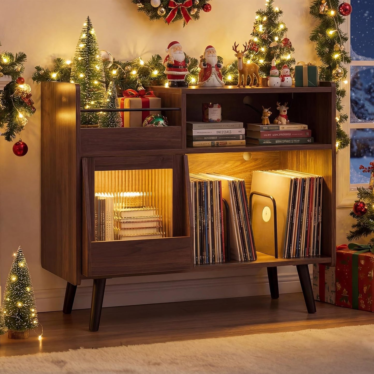 Large Record Player Stand with LED Light, Mid Century Modern Turntable Stand W/Sliding Door, Charging Station & Solid Wood Leg, Record Player Table, Vinyl Record Storage for Living Room, Brown