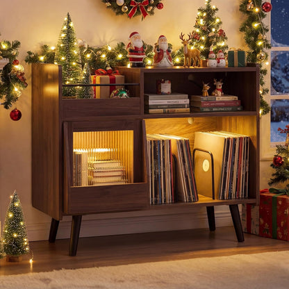 Large Record Player Stand with LED Light, Mid Century Modern Turntable Stand W/Sliding Door, Charging Station & Solid Wood Leg, Record Player Table, Vinyl Record Storage for Living Room, Brown