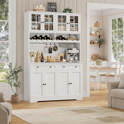 75.4" Tall Kitchen Pantry Cabinet with Charging Station, Modern White Kitchen Hutch with Microwave Stand and Wine Racks, Large Food Pantry Storage Cabinet with Glass Doors and Drawers, White