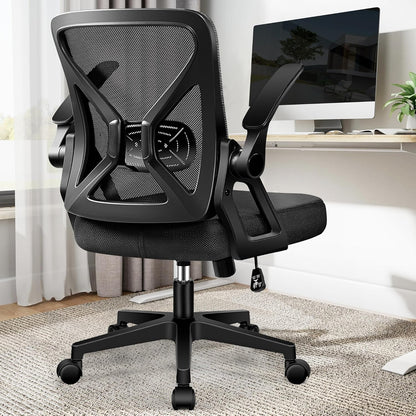 Black ergonomic mesh office chair with flip-up armrests, view 2