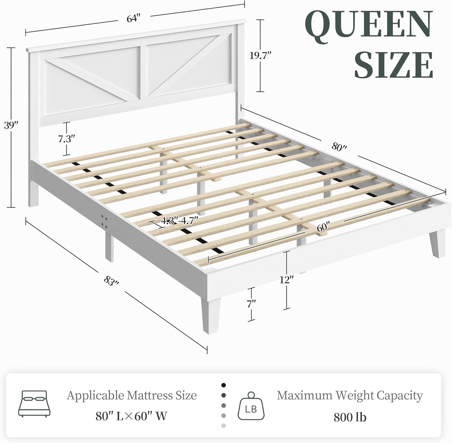 Wood Bed, Rubber Wood Platform Bed Frame with Headboard/Wood Slats, Farmhouse Style, No Box Spring Needed, Mattress Foundation, Noise-Free, Easy Assembly, Queen Size, White