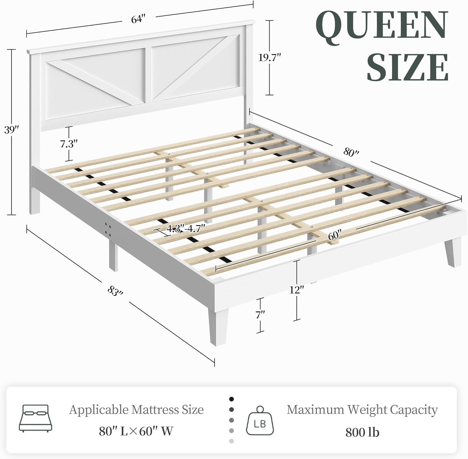 Wood Bed, Rubber Wood Platform Bed Frame with Headboard/Wood Slats, Farmhouse Style, No Box Spring Needed, Mattress Foundation, Noise-Free, Easy Assembly, Queen Size, White