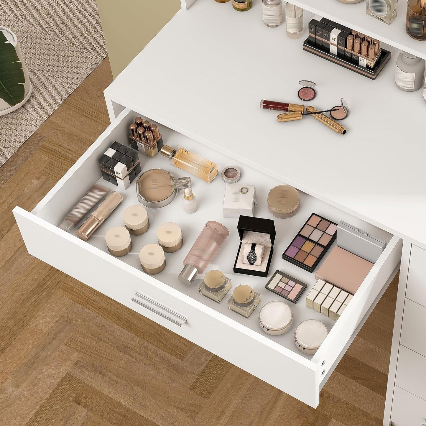 Makeup Vanity Desk with Mirror & Lights, Vanity Desk with 5 Drawers & Storage Shelves, Vanity Table, 3 Color Modes & Adjustable Brightness Dressing Table, Bedroom, White