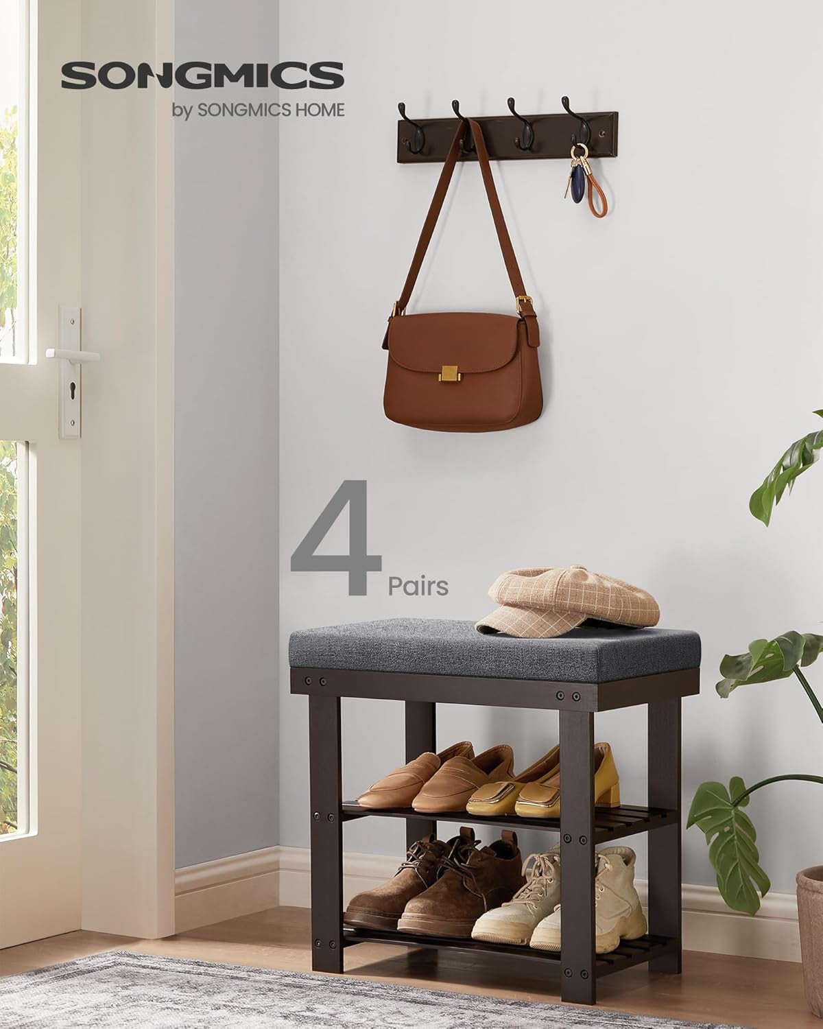 Bamboo Shoe Bench, 3-Tier Shoe Rack Organizer for Entryway, Living Room, Bench Seat Holds up to 300 Lb, 11.9 X 20.5 X 19.2 Inches, Rustic Walnut and Slate Gray ULBS504M01