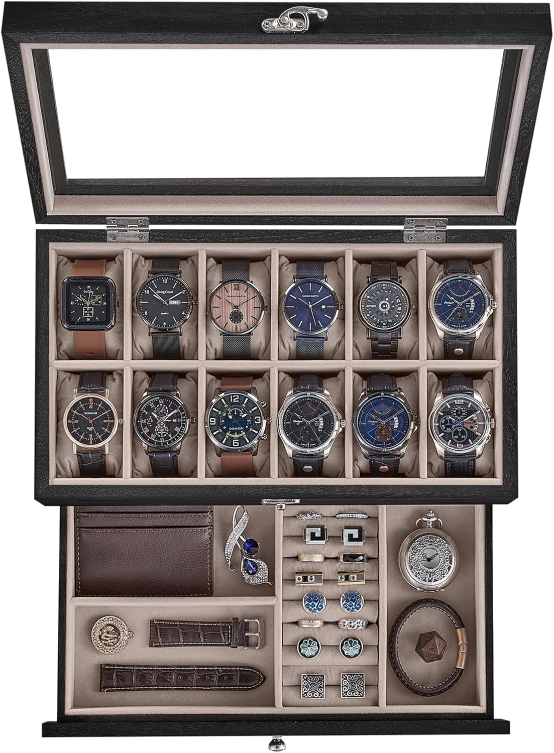 8-Slot Watch Box, 2-Tier Watch Display Case with Large Glass Lid, Removable Watch Pillows, Velvet Lining, Jewelry Box, Gift Idea, Ebony Black UJOW008B01
