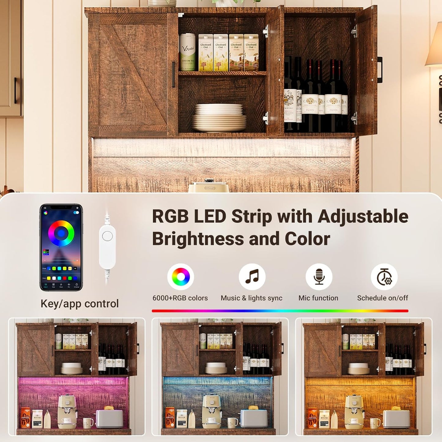 71" Tall Ktchen Pantry Cabinet with Charging Station & LED Lights, Farmhouse Kitchen Hutch Cabinet with Microwave Stand & Large Countertop for Dining Room Living Room, Brown