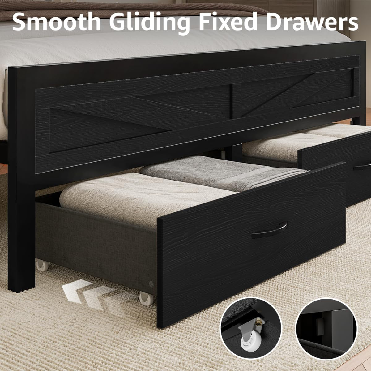 Rustic King Size Bed Frame with Storage Drawers and Barn Door Headboard, Farmhouse LED King Bed Frame with Charging Station, Metal Industrial Platform Bed Frames, No Box Spring Needed, Black