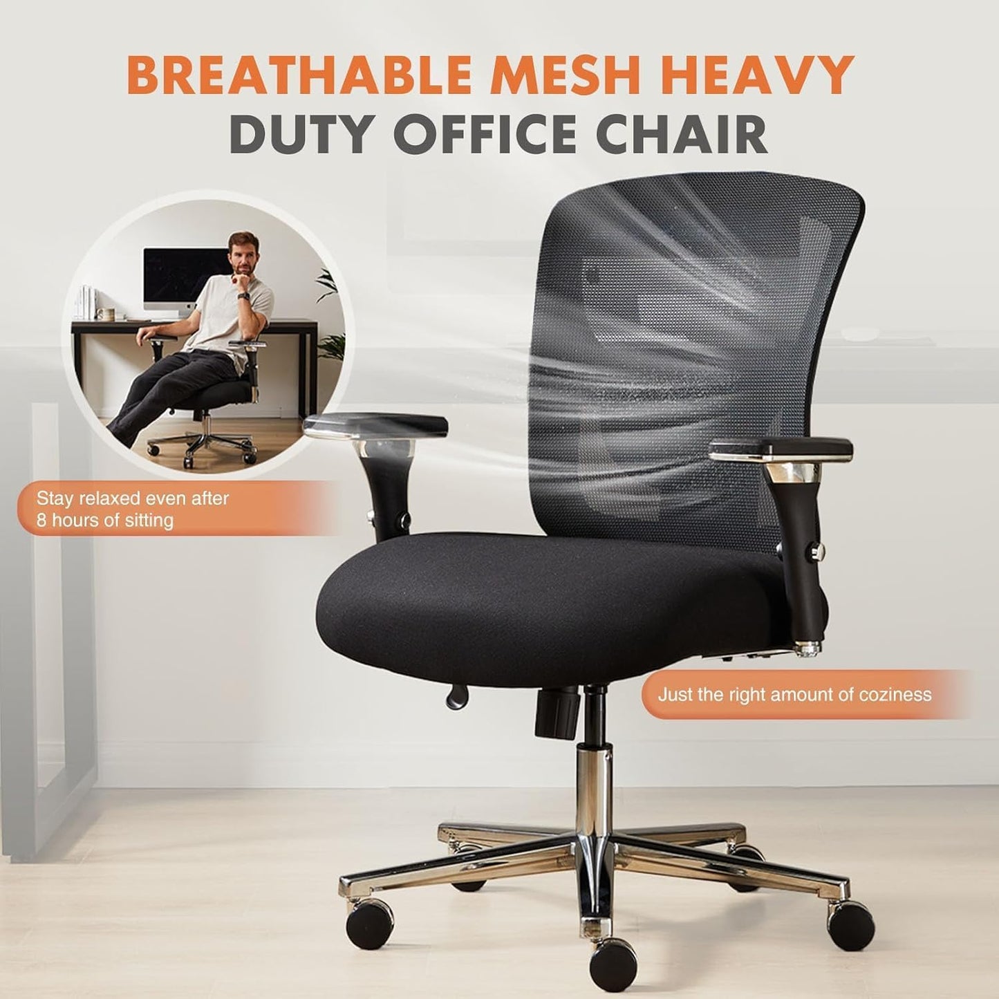 Big and Tall Office Desk Chair with Lumbar Support, 500Lbs Heavy Duty Mesh Ergonomic Computer Chair with 4D Armrest and Wide Comfy Seat, Wheels for Adult