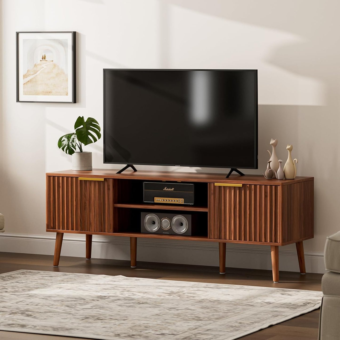 TV Stand for Living Room, Mid Century Modern Entertainment Center for 55/60/65 Inch Tvs, TV Console with Fluted Door Cabinets and Open Shelves, for Bedroom, Walnut
