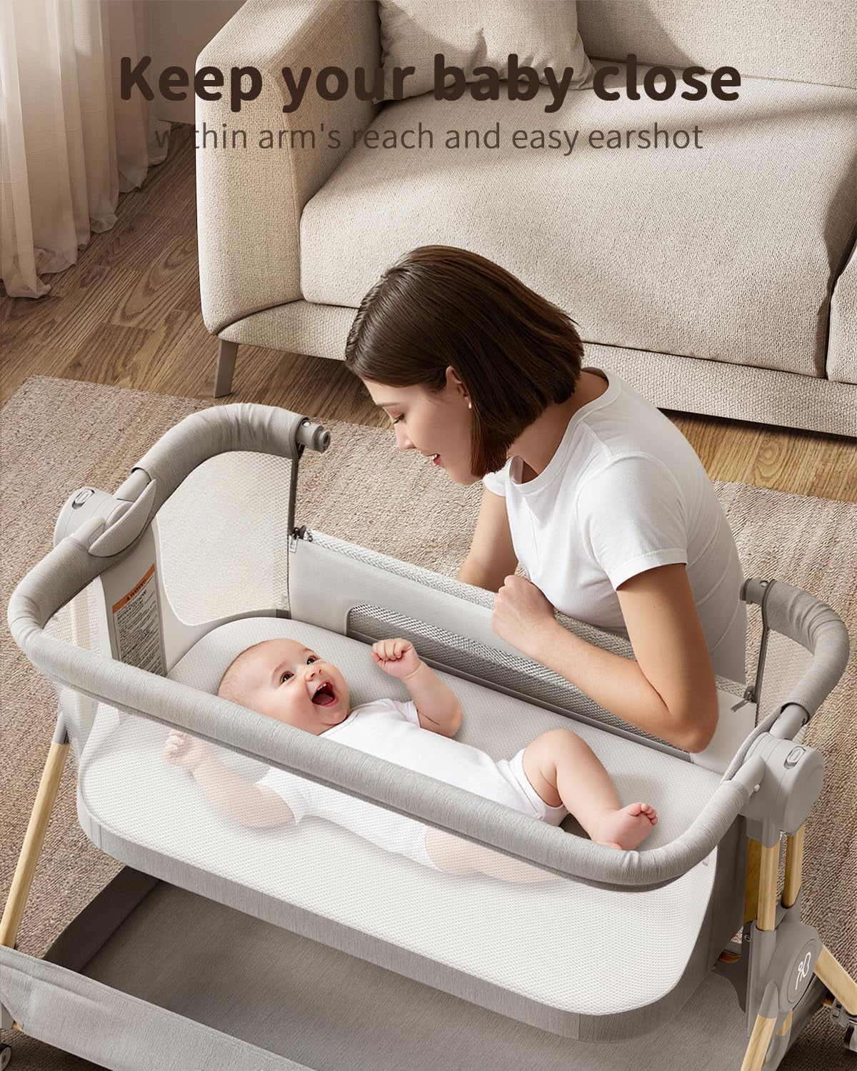Baby Bassinet, 3-In-1 Bedside Bassinet for Baby, One-Touch Foldable Baby Crib for Newborn with Full-Mesh Sides & Adjustable Height, Mattress & Storage Bag