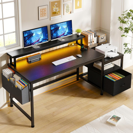 57" Computer Desk with Drawers and Printer Space,Office Desk with Power Outlets,Home Office Desks with File Drawers Cabinet,Study Writing and Gaming Desk with Shelves Monitor Stand,Black