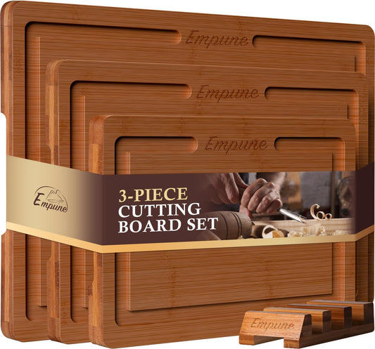 Bamboo Cutting Board Set, Wood Cutting Boards for Kitchen with Holder Wooden Chopping Board for Meal Prep & Serving, Brown