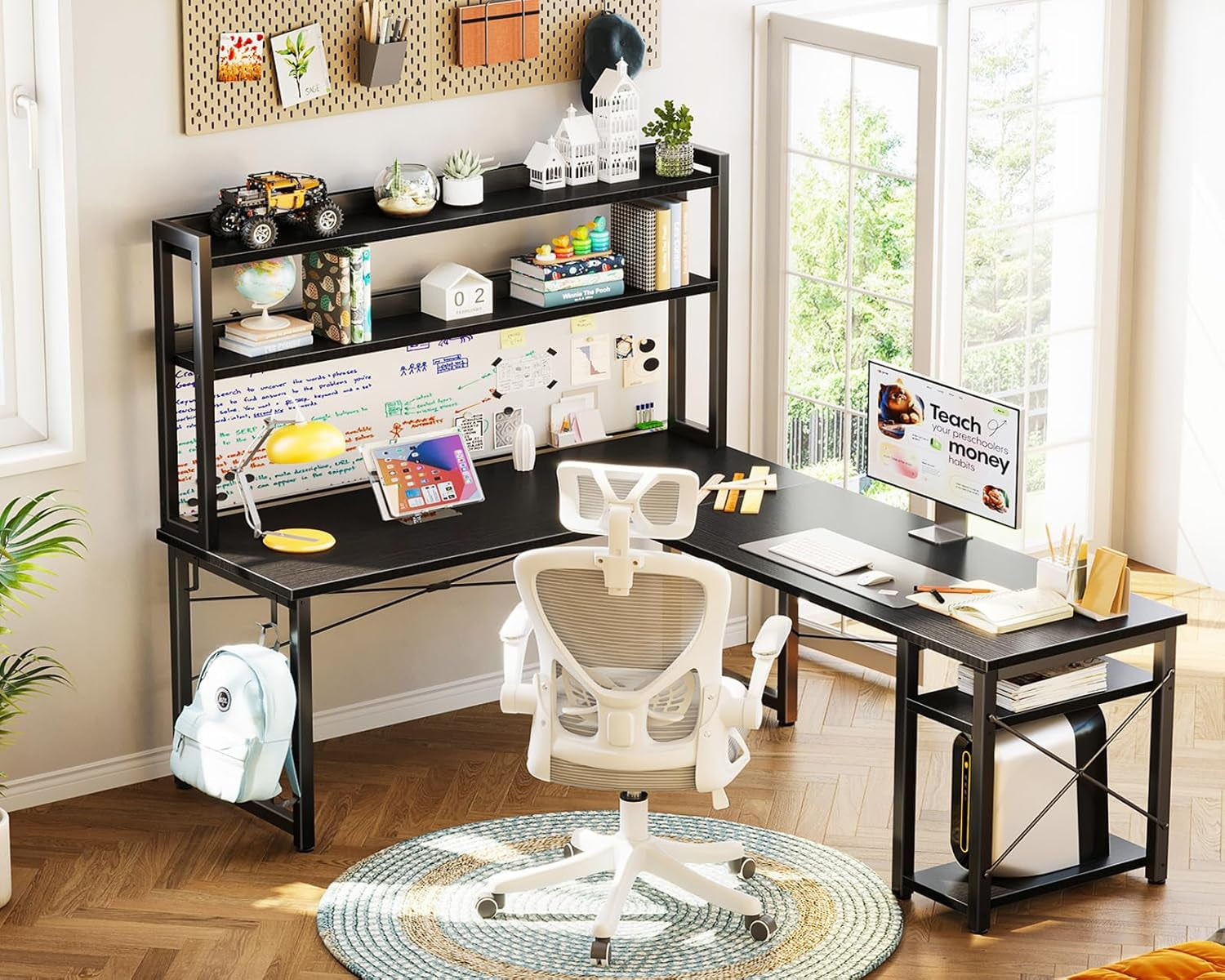 L Shaped Gaming Desk with Hutch, Computer Desk with Storage Shelves, 66" L Shaped Desk for Home Office, Corner Desk with Headphone Hook, Black