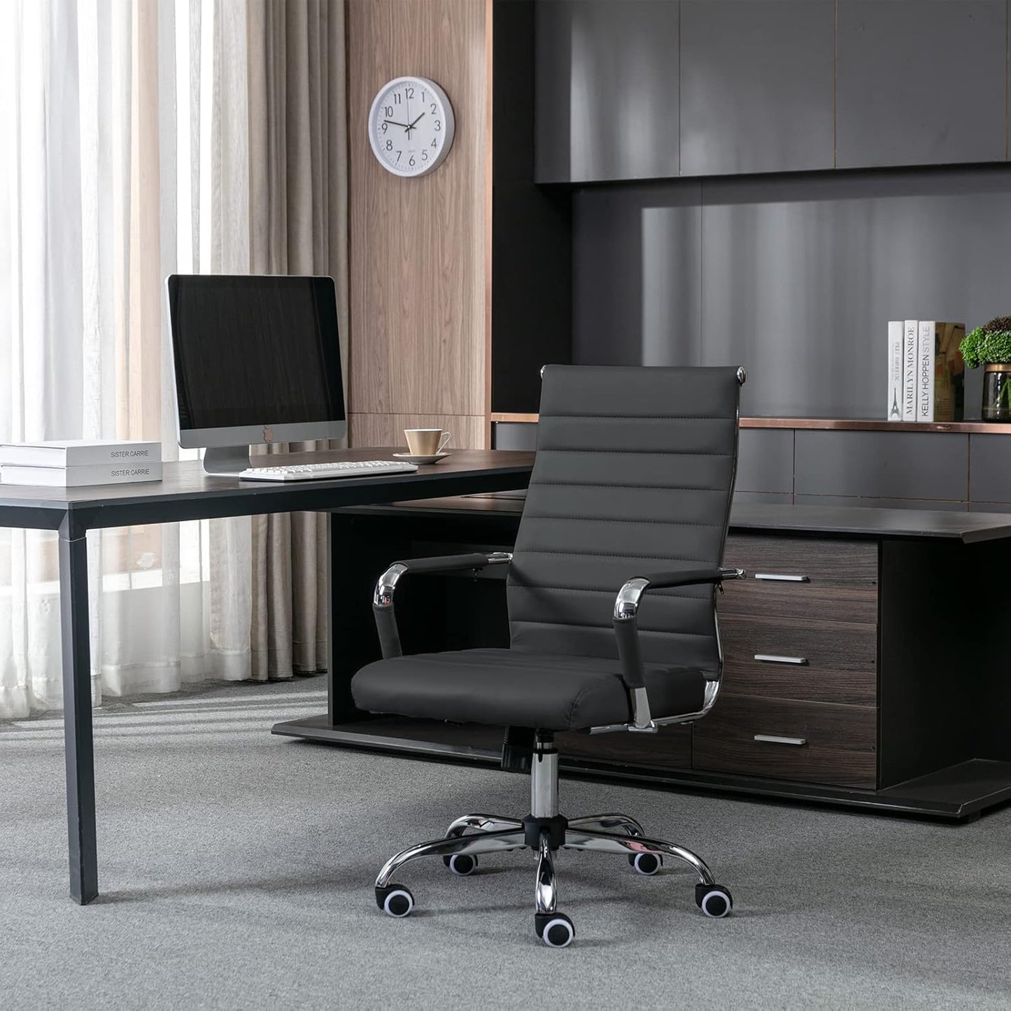Home Office Chair Ribbed, Modern Leather Conference Room Chairs, Ergonomic Office Desk Chair, High Back Executive Computer Chair, Adjustable Swivel Chair with Arms (Black)