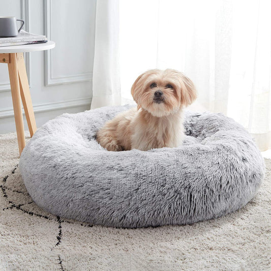 Calming Dog & Cat Bed, round Soft Anti-Anxiety Donut Cuddler Warming Cozy Fluffy Faux Fur Plush Cushion Bed for Small Medium Dogs and Cats (20"/24"/27"/30"), Light Grey