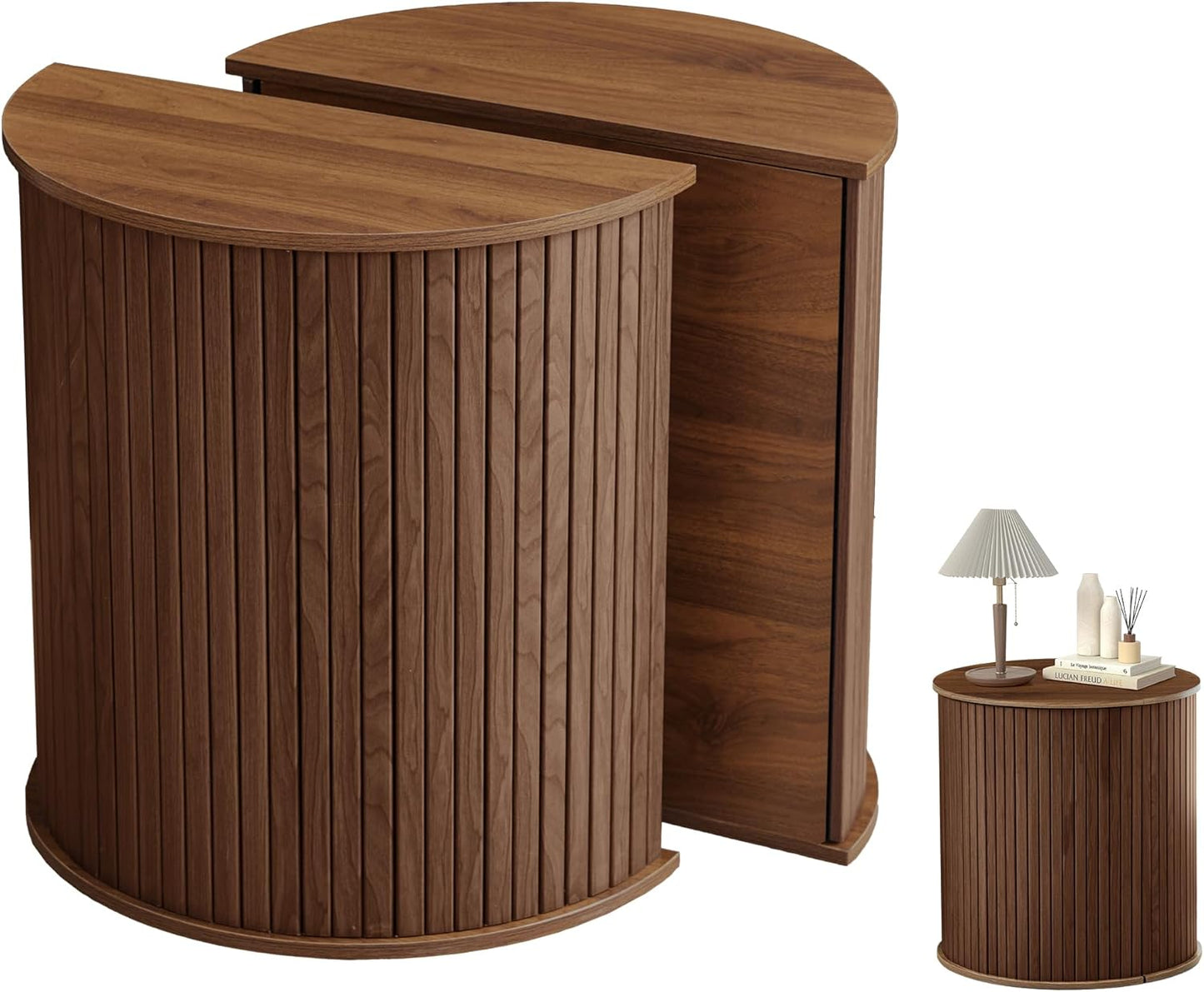 Nesting round Side Table Set of 2, Half-Moon End Tables with Storage Lids, Accent Fluted Bedside Tables with Metal Frame, Sofa Table Nightstand for Bedroom Living Room (1 Round, Walnut)