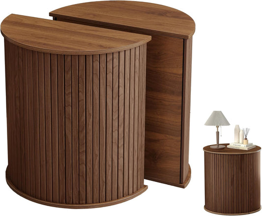 Nesting round Side Table Set of 2, Half-Moon End Tables with Storage Lids, Accent Fluted Bedside Tables with Metal Frame, Sofa Table Nightstand for Bedroom Living Room (1 Round, Walnut)