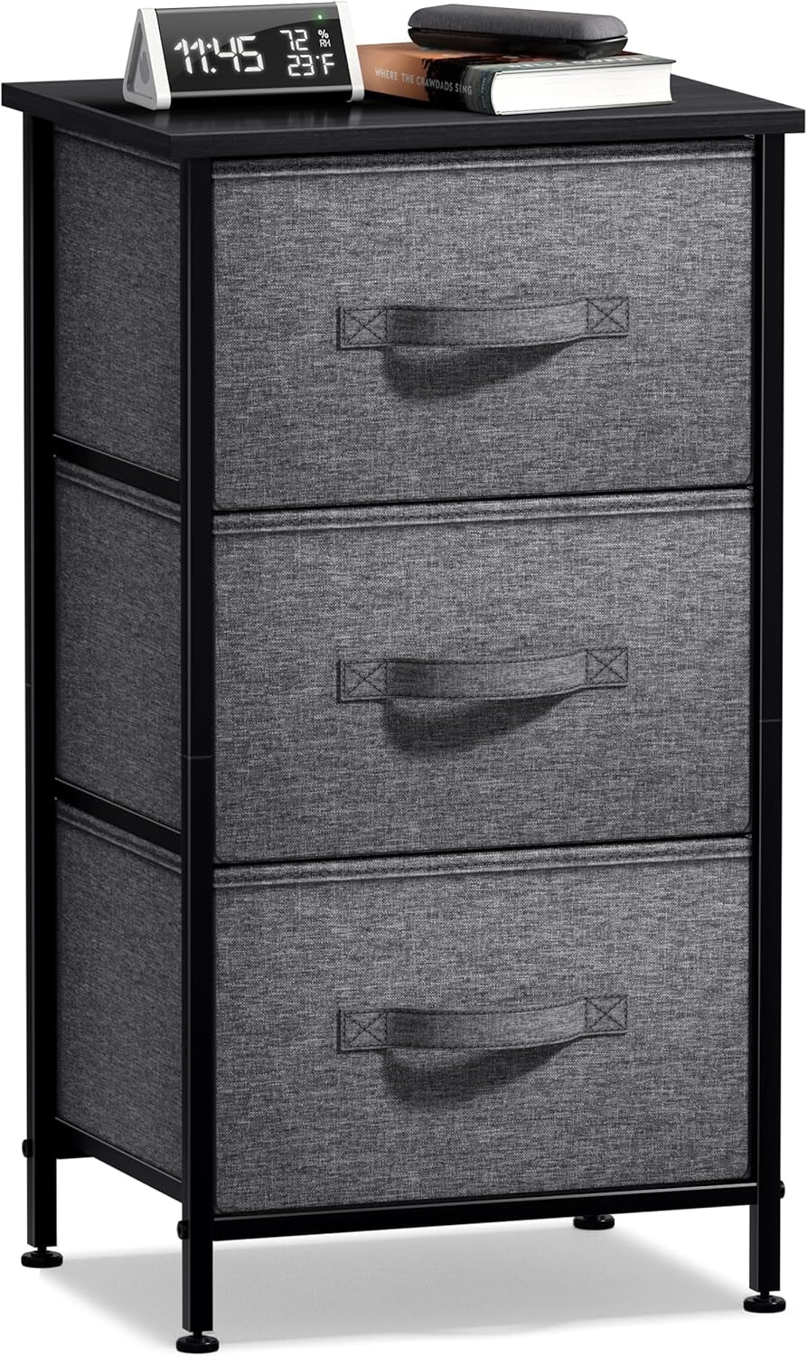 Nightstand with 3 Drawers - Bedside Furniture & Night Stand End Table Dresser with Steel Frame, Wood Top, Easy Pull Fabric Bins for Home, Bedroom Accessories, Office & Dorm