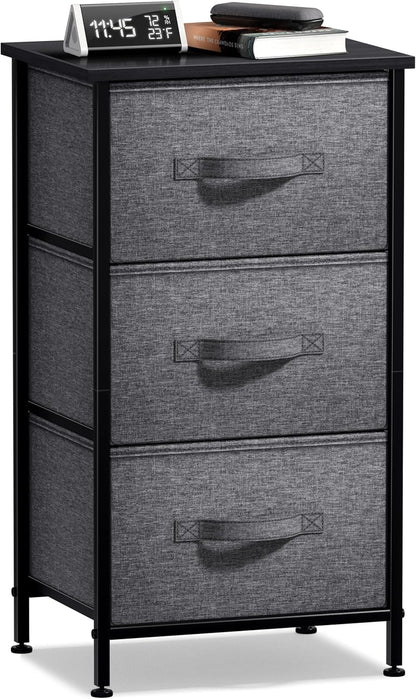Nightstand with 3 Drawers - Bedside Furniture & Night Stand End Table Dresser with Steel Frame, Wood Top, Easy Pull Fabric Bins for Home, Bedroom Accessories, Office & Dorm