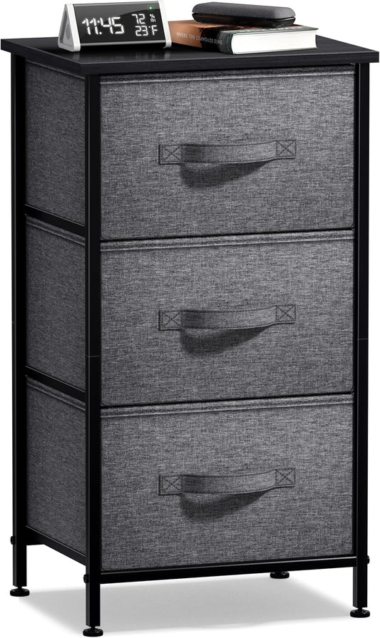 Nightstand with 3 Drawers - Bedside Furniture & Night Stand End Table Dresser with Steel Frame, Wood Top, Easy Pull Fabric Bins for Home, Bedroom Accessories, Office & Dorm