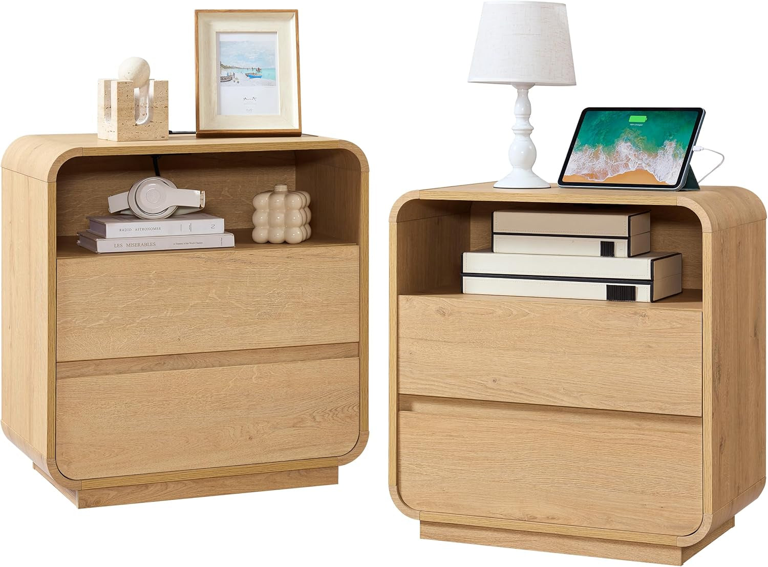 Modern Nightstand Set of 2, 23.2" Large Wood Bedside Table with Charging Station & Curved Profile, 2 Storage Drawers Side Table, Mid-Century End Table Night Stand for Bedroom Sofa Natural
