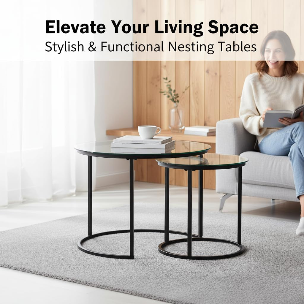 Round Nesting Coffee Table Set of 2, Modern Glass Nesting Tables, Stacking Minimalist End Table for Living Room Bedroom Small Space, Clear Tempered Glass and Black