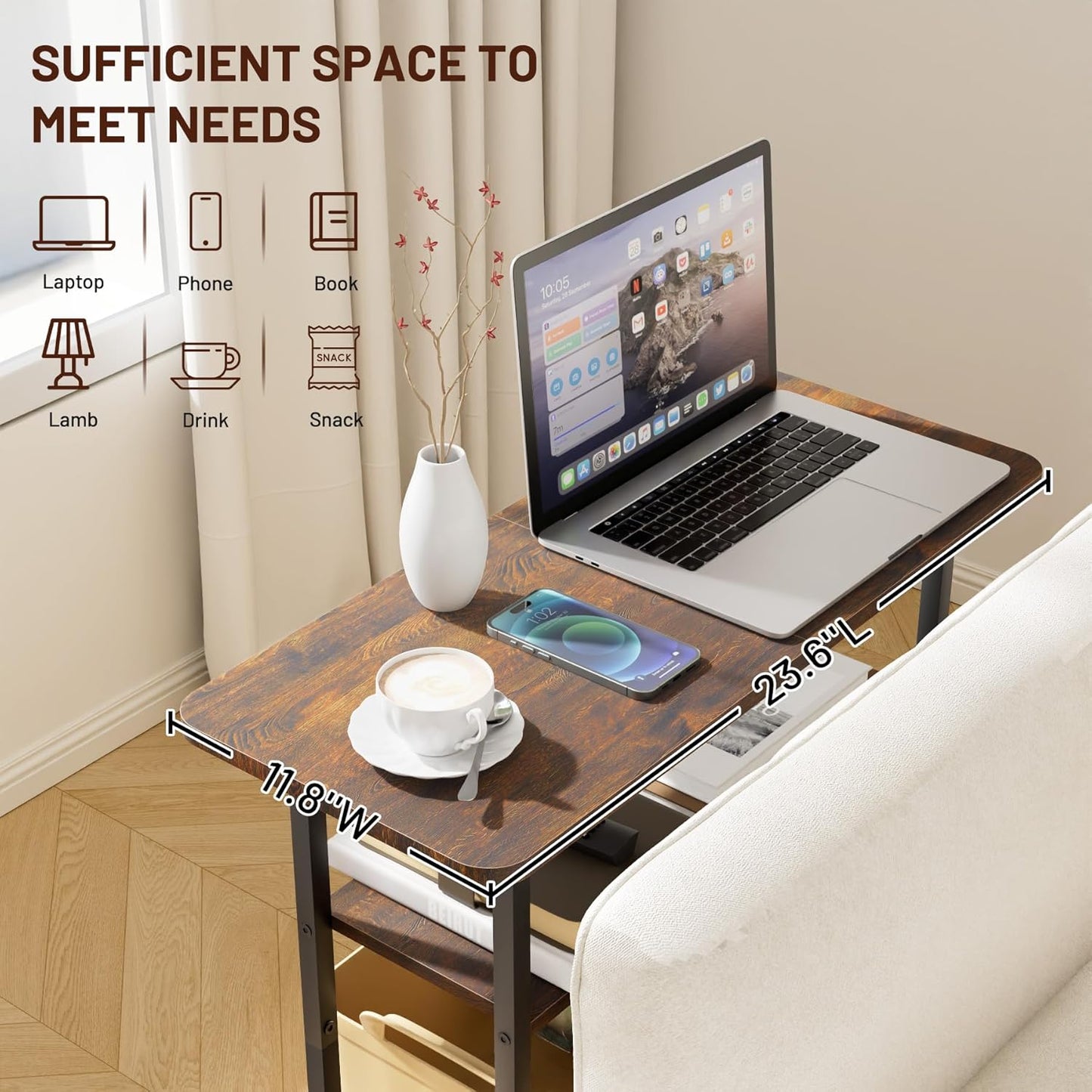 Side Table for Living Room, 3-Tier End Table for Small Space with Wide Storage Tabletop, Rustic Brown Narrow Nightstand for Bedroom, Sofa Couch