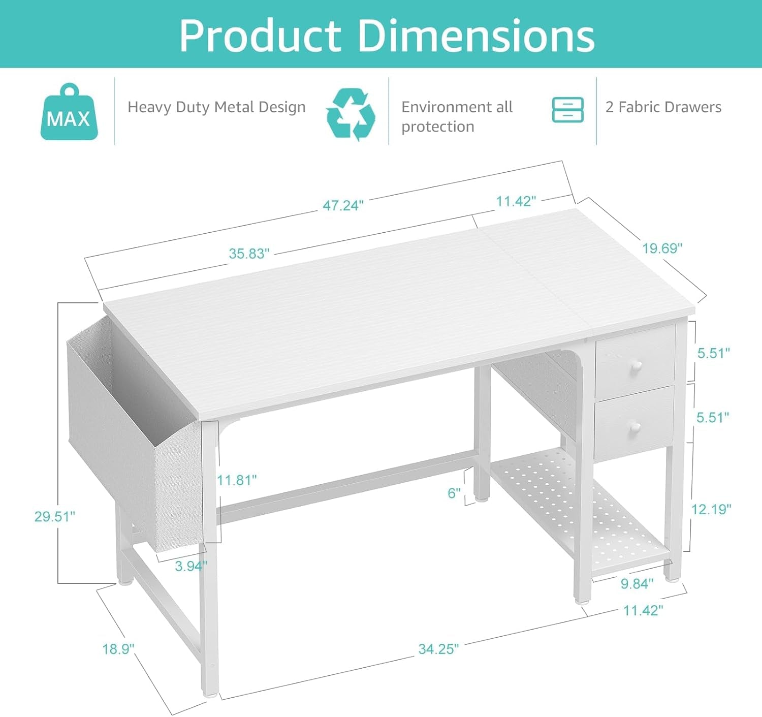 White Computer Desk with Drawers - 47 Inch PC Desk for Small Space Bedroom Home Office, Modern Simple Study Writing Table Desks with Storage Shelf, White