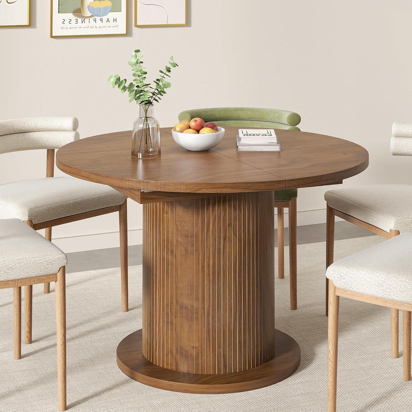43.3 Inch 59 Inch Adjustable Size round Dining Table for 4 6, Unique Design Modern Farmhouse Kitchen Table, Circle Dining Tables with Wood Strip Base for Kitchen Living Room (Walnut)