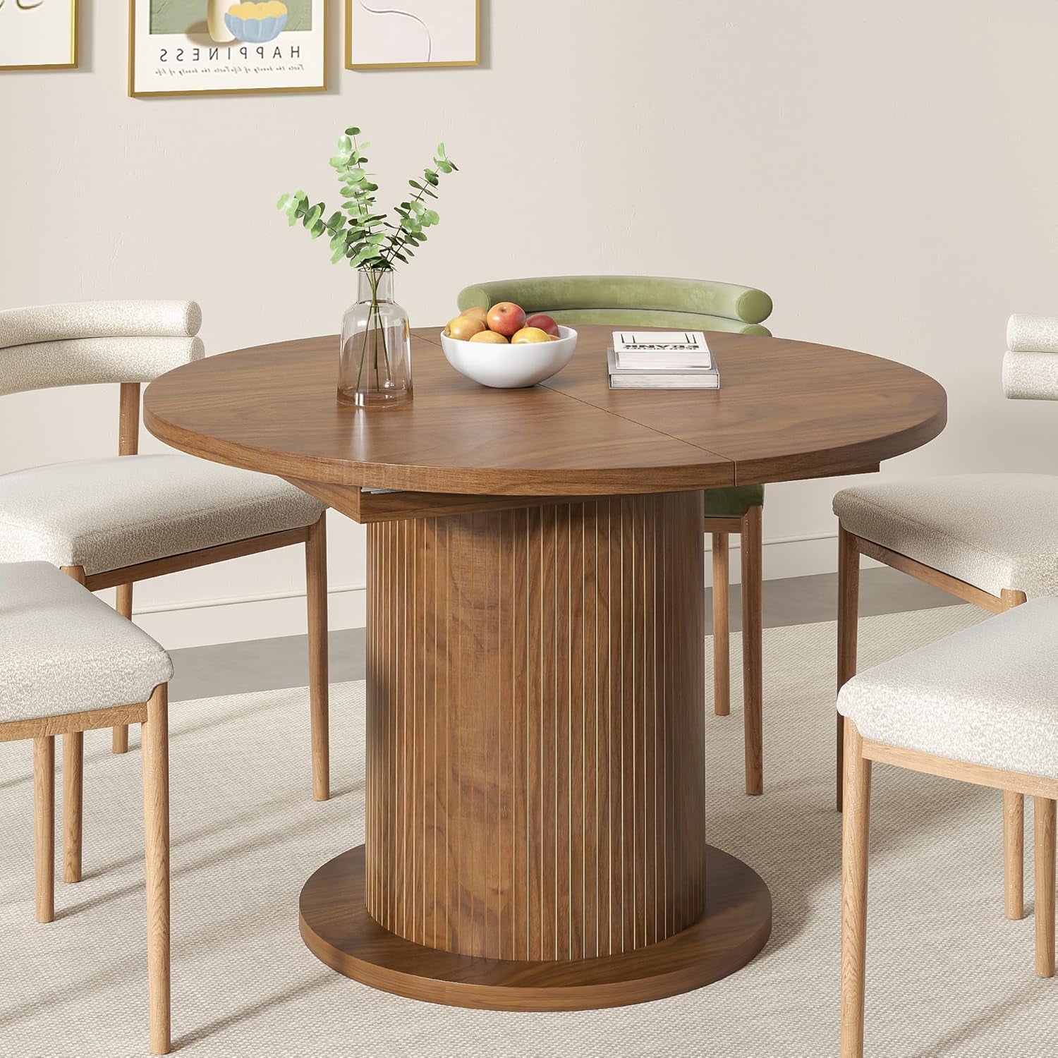 43.3 Inch 59 Inch Adjustable Size round Dining Table for 4 6, Unique Design Modern Farmhouse Kitchen Table, Circle Dining Tables with Wood Strip Base for Kitchen Living Room (Walnut)