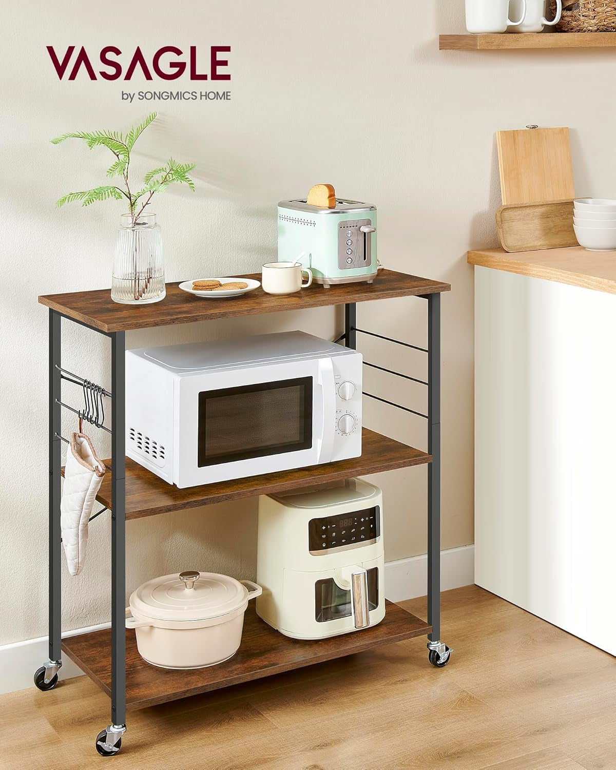 Kitchen Shelf on Wheels, Serving Cart with 3 Shelves, Kitchen Cart, Microwave Shelf, for Mini Oven, Toaster, with 6 Hooks, Industrial Style, Rustic Brown and Black UKKS067K01