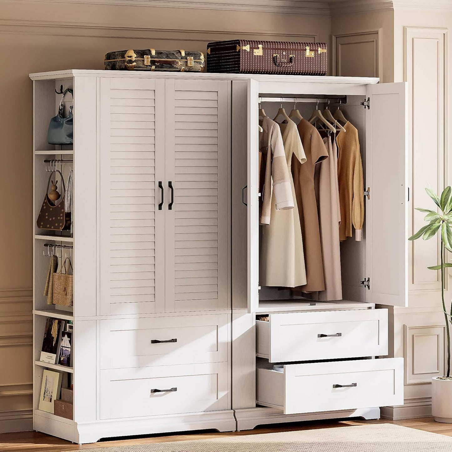 Armoire Wardrobe Closet, 70.87" H Wooden Bedroom Armoire with 2 Louvered Doors, 2 Drawers and Shelves, Large Freestanding Clothing Storage Cabinet, White