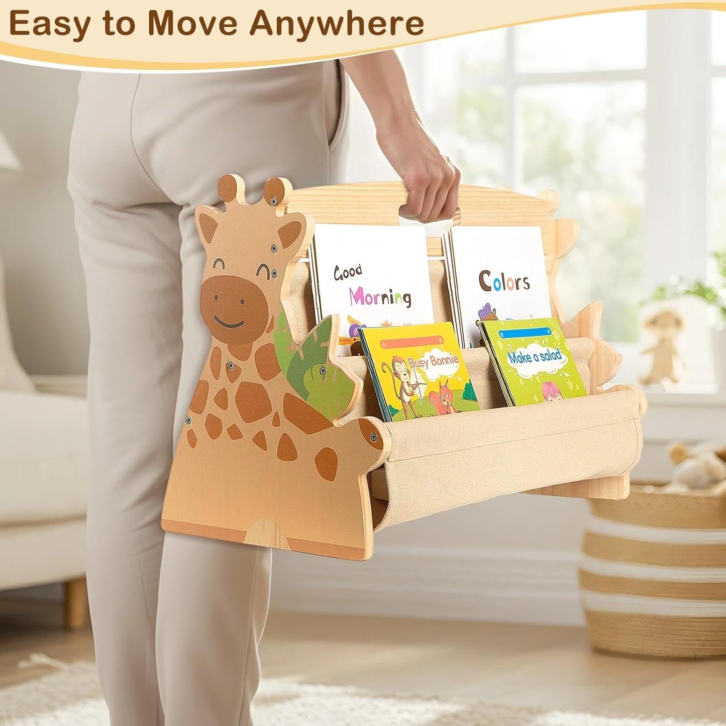 Toddler Bookshelf Double-Sided with 4 Tier Deep Sleeves Kids Wooden Montessori Book Rack for Baby Nursery Room, Playroom, Classroom or Bedroom Bookcase Storage Organizer, Light Wood Giraffe