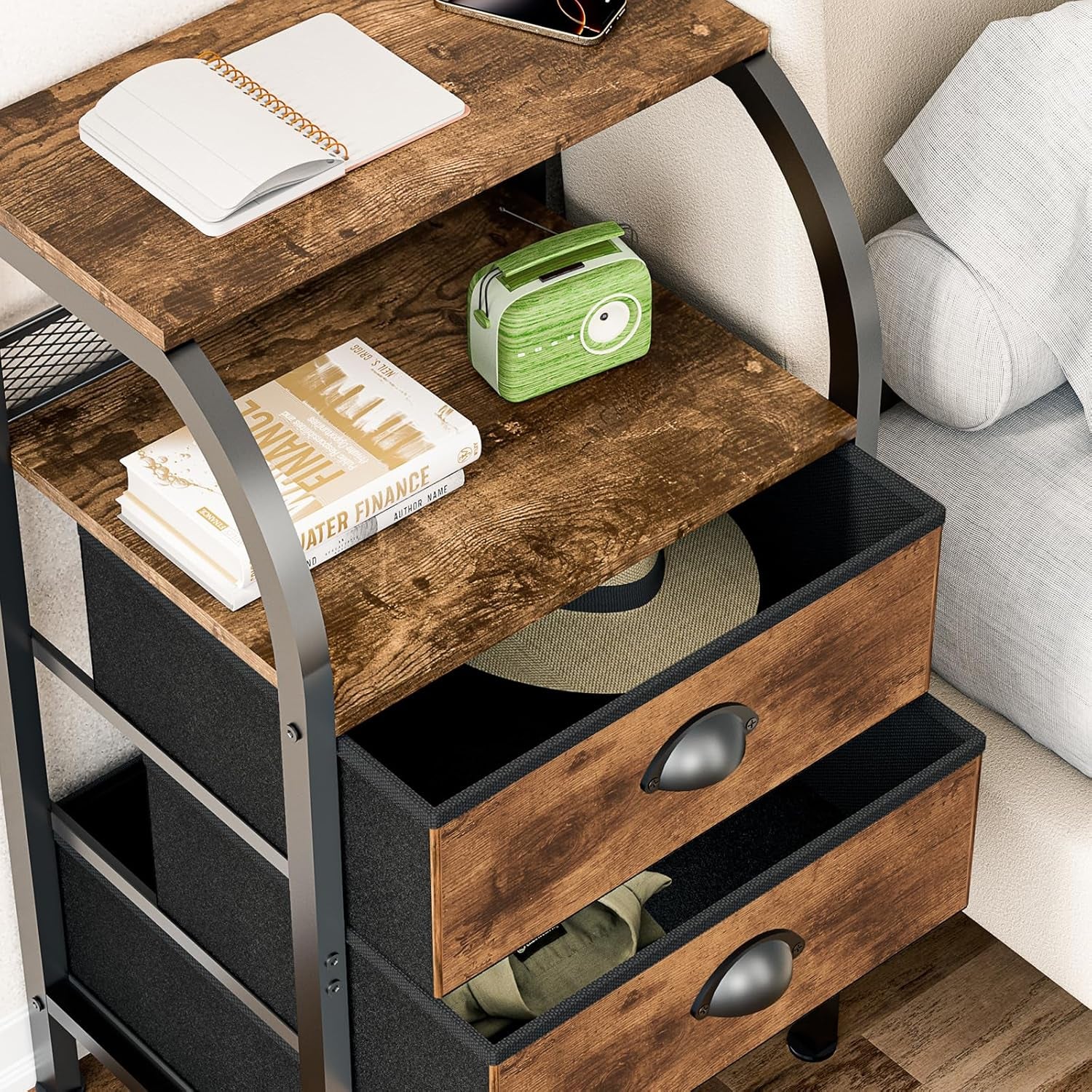Night Stand Nightstand with Drawer Nightstands Storage Night Stands 3 Drawers Bedside Dresser Table Open Shelves Small Bed Side End Tables Fabric Cabinet for Bedroom Living Room Furniture