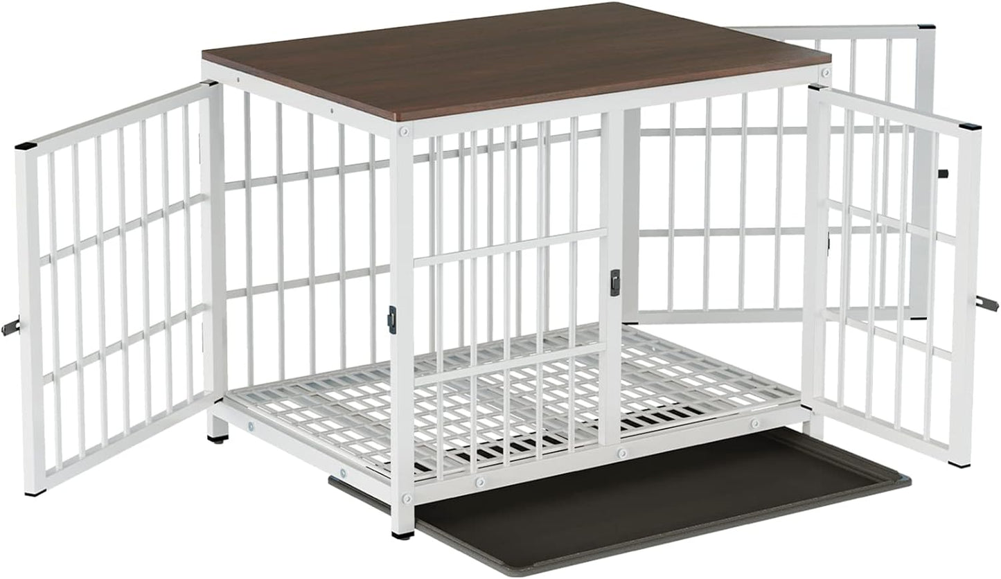 Heavy Duty Dog Crate Furniture: 30Inch Pet Wooden Side Table Kennel House with Three Doors and Removable Tray - Indoor Chew Resistant Modern Doggie Wire Crate with Wood Topper for Dogs White