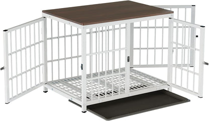 Heavy Duty Dog Crate Furniture: 30Inch Pet Wooden Side Table Kennel House with Three Doors and Removable Tray - Indoor Chew Resistant Modern Doggie Wire Crate with Wood Topper for Dogs White